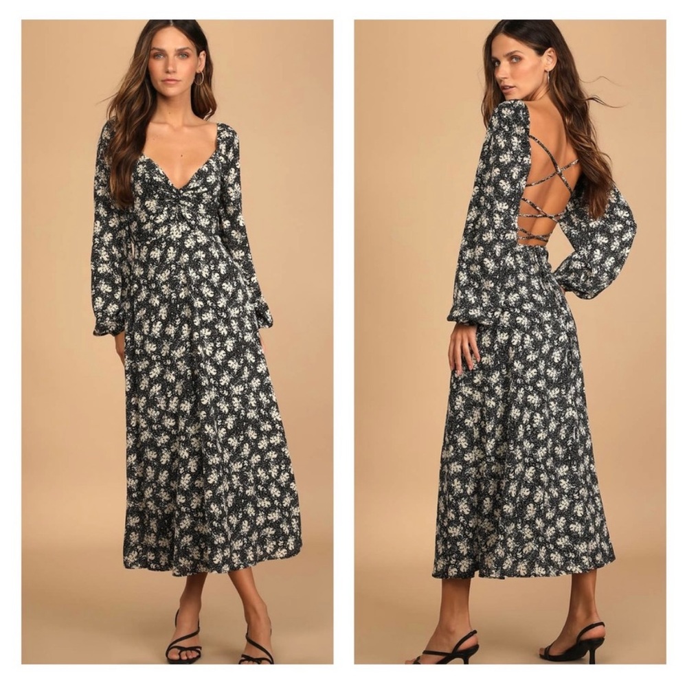 Lulu's Black and White Floral Midi Dress